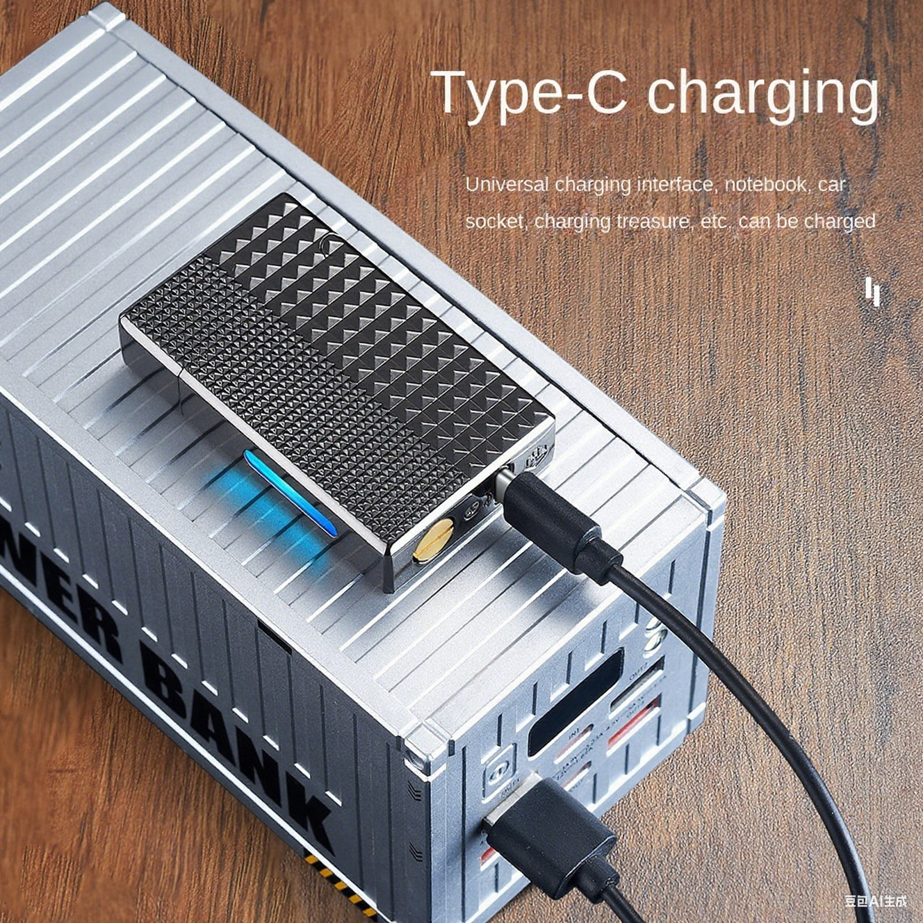 Lighter charging by Type-C cable connected to a silver power bank