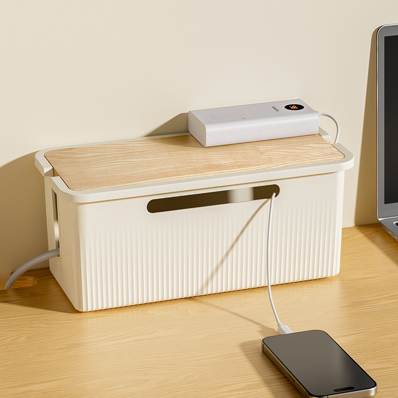 Desktop Plug Socket & Cable Organizer – Black/White Storage Box for Charging/Data Cables