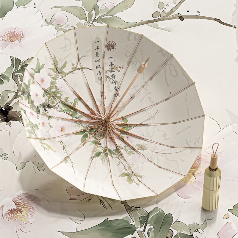 16-rib color rubber & gold aluminum alloy frame: new Chinese retro folding umbrella with sun