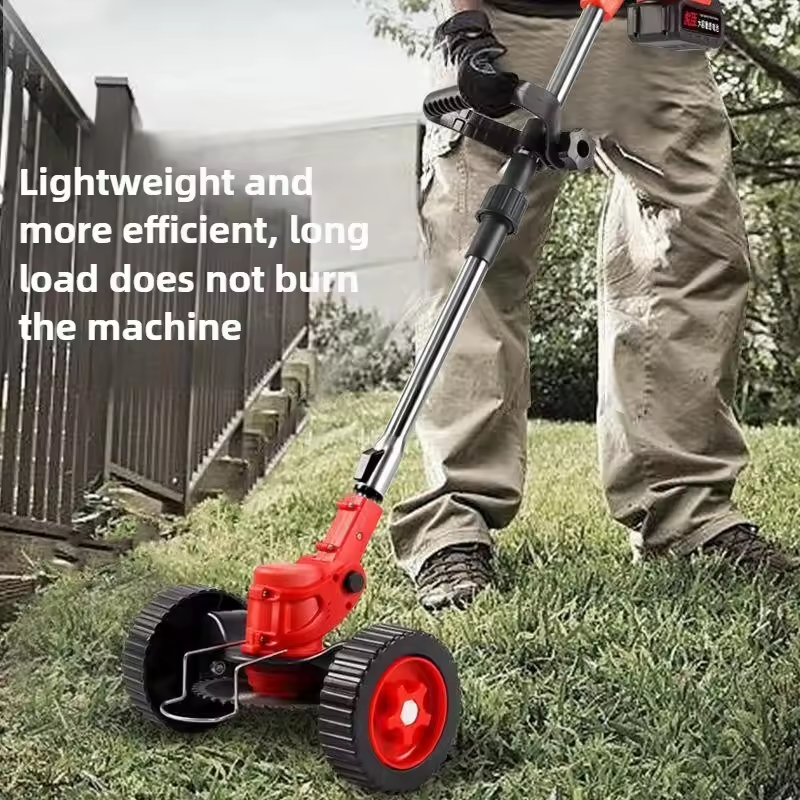 Person trimming grass on a lawn with the red wheeled trimmer