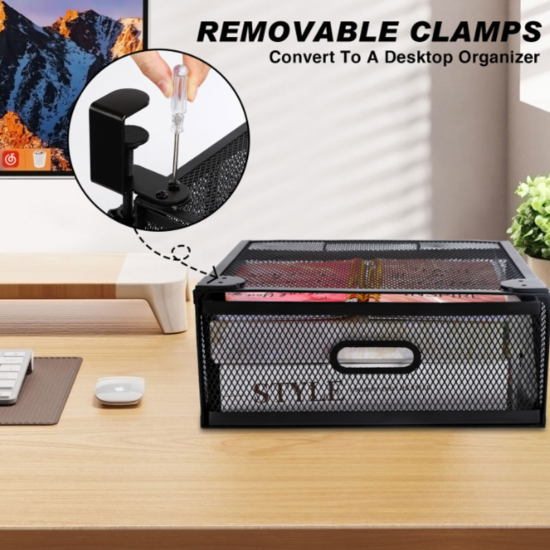 Under-desk mesh drawer fitted with clamps on a home desk