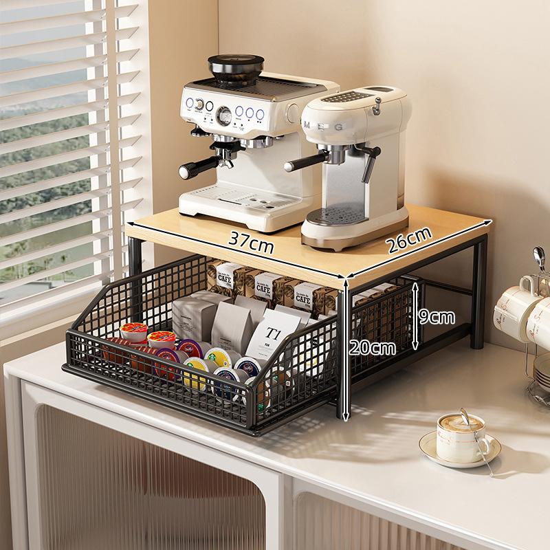 Morning coffee corner with a clear counter and drawer closed beneath the shelf