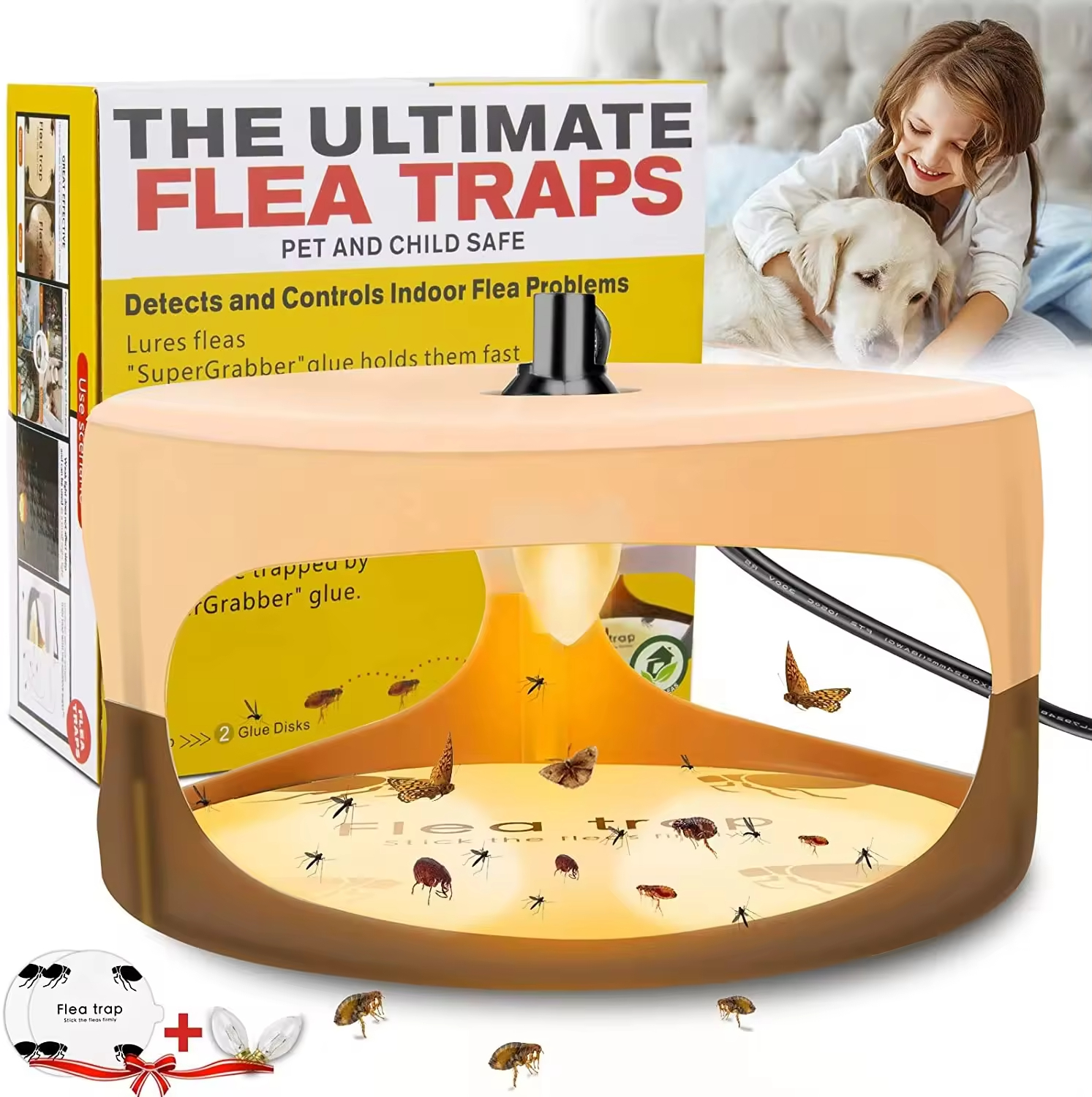 Flea Killer Trap with 2 Glue Discs Pad Bed Bug Trap Light Bulb Safe for Children Pet Dog Cat Best