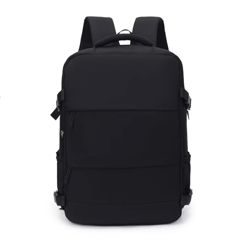 Black travel backpack with side buckle compression straps and side pockets