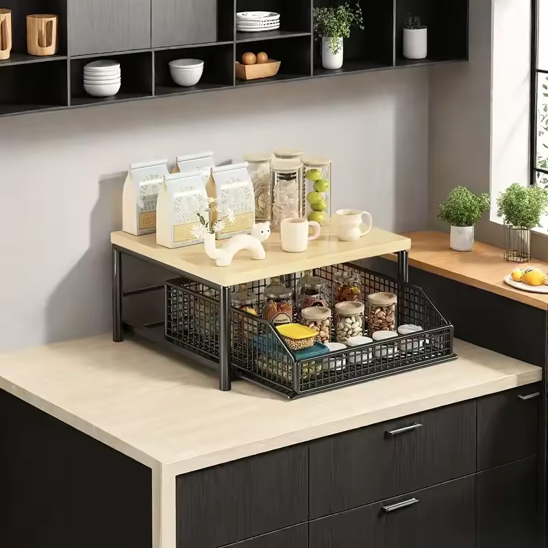 Raised countertop shelf with wood top and wire drawer in a kitchen corner