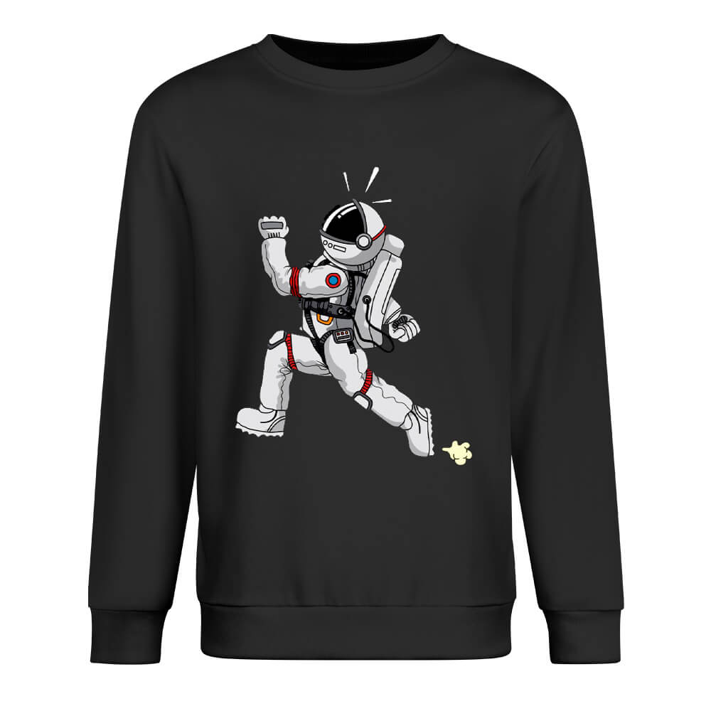 Men's black heavy cotton long sleeve shirt featuring astronaut print, size chart.