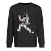 Men's black heavy cotton long sleeve shirt featuring astronaut print, size chart.