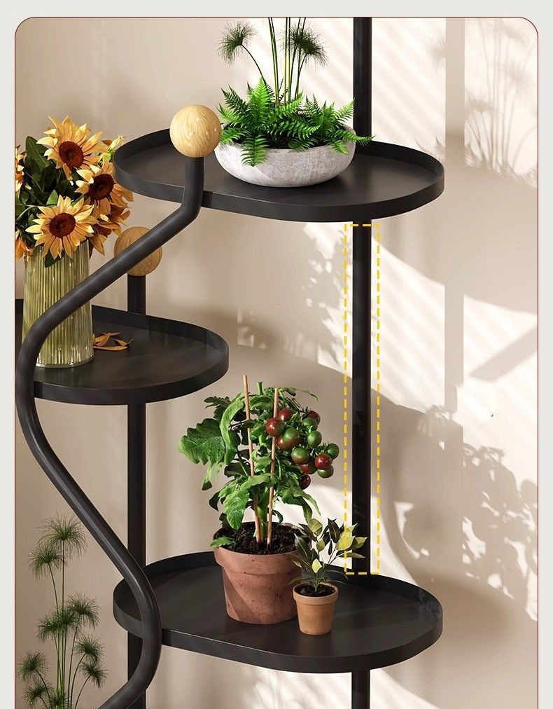 Black S-curve frame with round trays and a fern pot up close