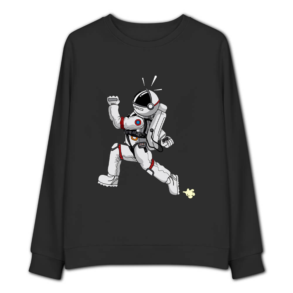 black heavy cotton long sleeve shirt featuring astronaut print. Comfortable and breathable.