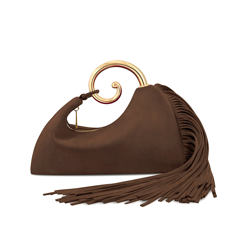 Chocolate brown suede bag with gold spiral handle and fringe on white