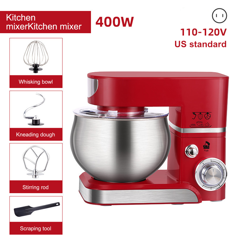 Five included mixer attachments laid out with the red mixer