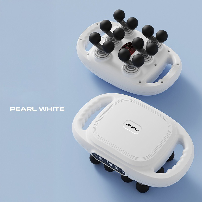 Pearl white massage gun top and bottom view showing both sides
