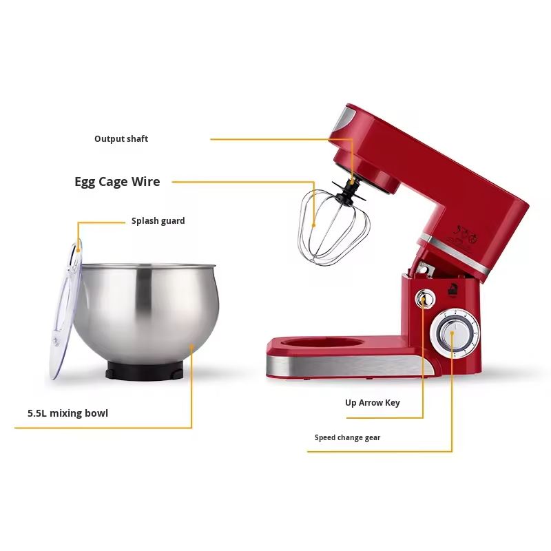 Metal speed knob on the red mixer housing beside the bowl