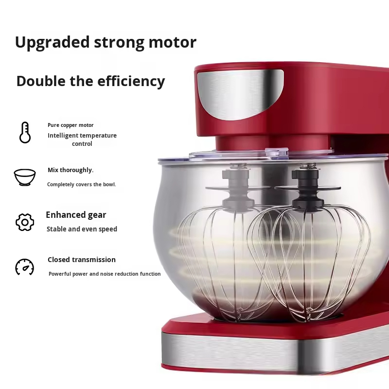 Red stand mixer with wire whisks spinning in the stainless bowl