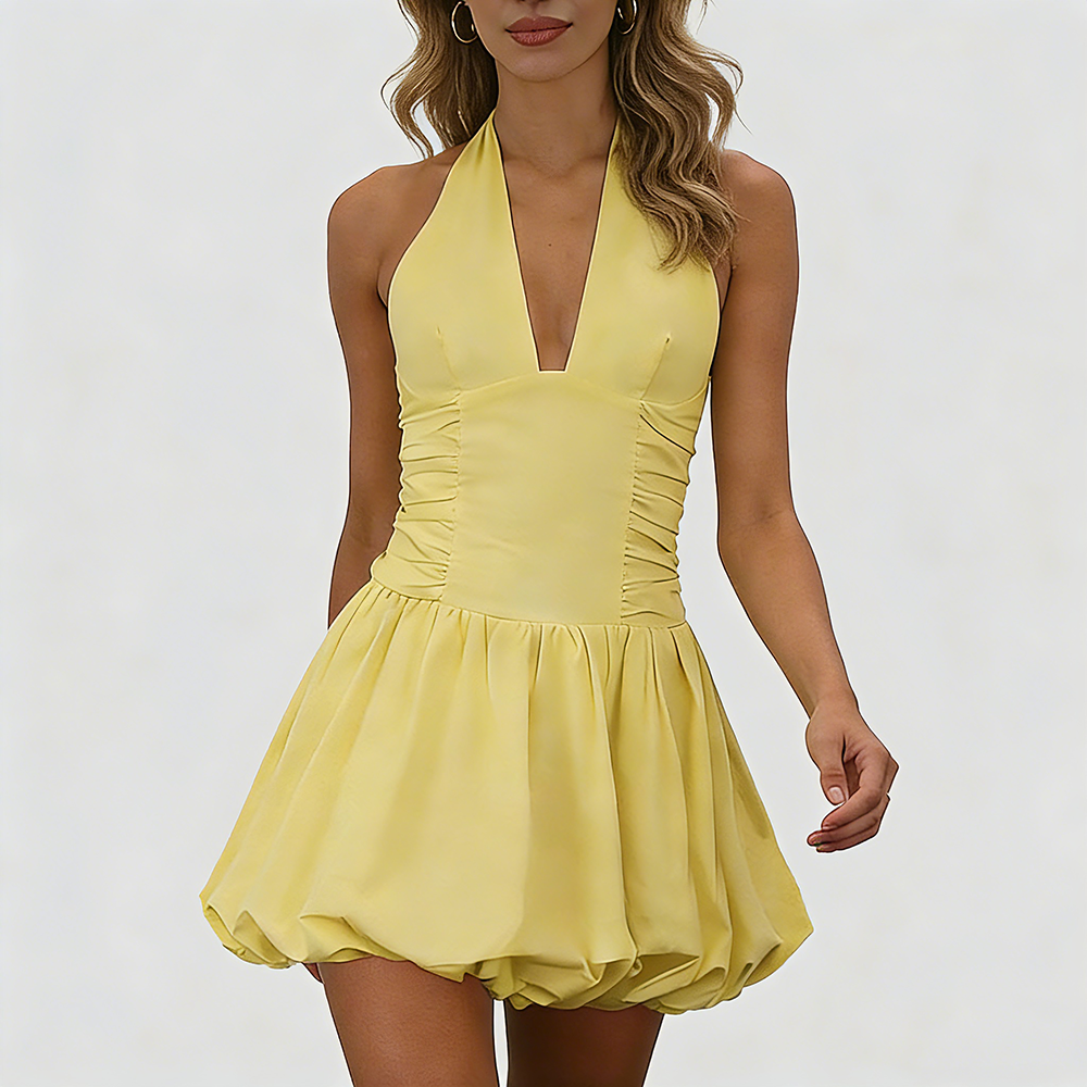 Women's Fashion Deep V Backless Halter Neck Tie Ribbon Bow Bubble Mini ...