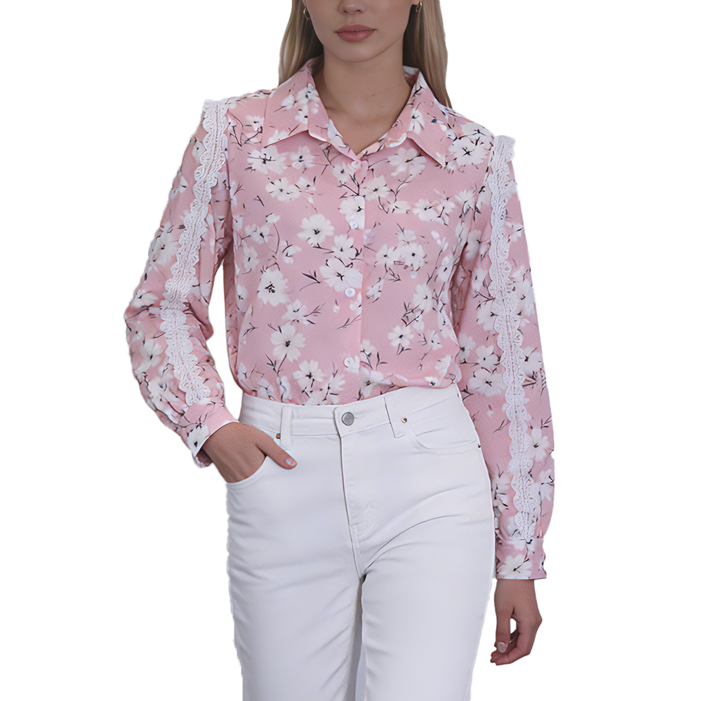 Women&rsquo;s fashionable casual shirt with lace-trimmed sleeves and fresh print.