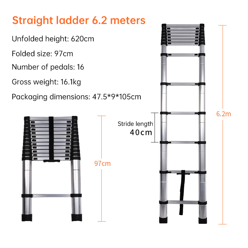 Heavy-Duty Stainless Steel Telescoping Ladder, 2.6-6.3M (8.5-20.7ft) 330lb Load, Anti-Slip Lock, for