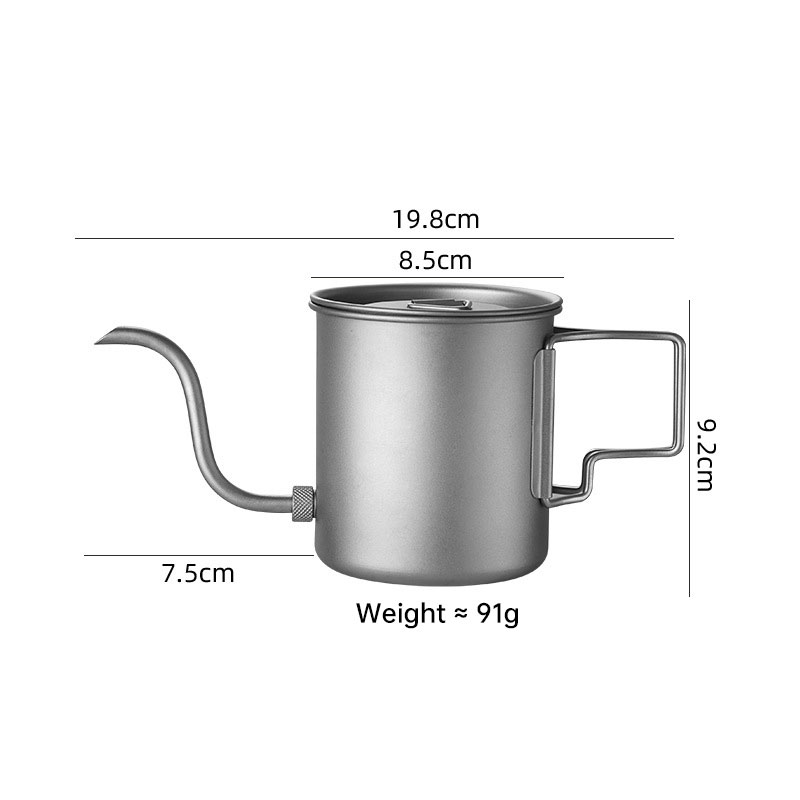 420ml Titanium Pour Over Coffee Kettle with Gooseneck Spout & Folding Handle - Lightweight Portable