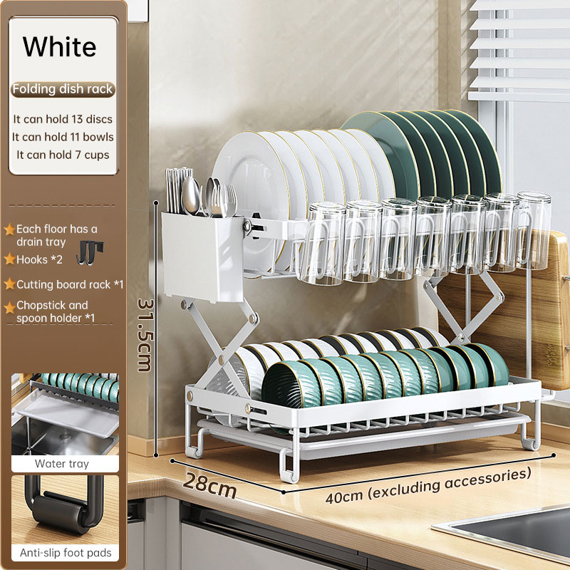 Foldable 2-Layer Kitchen Dish Rack, Large Capacity Countertop Drying Shelf for Bowls & Cutlery
