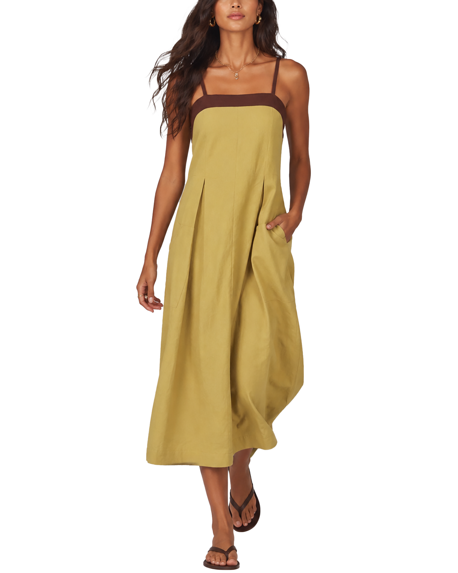 Women&rsquo;s fashion color-blocked loose large pocket spaghetti strap maxi dress