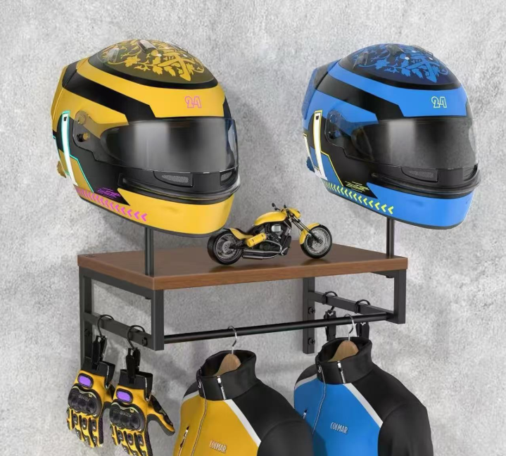 Wooden motorcycle helmet wall mounted clothes hanger helmet display rack racing sports equipment