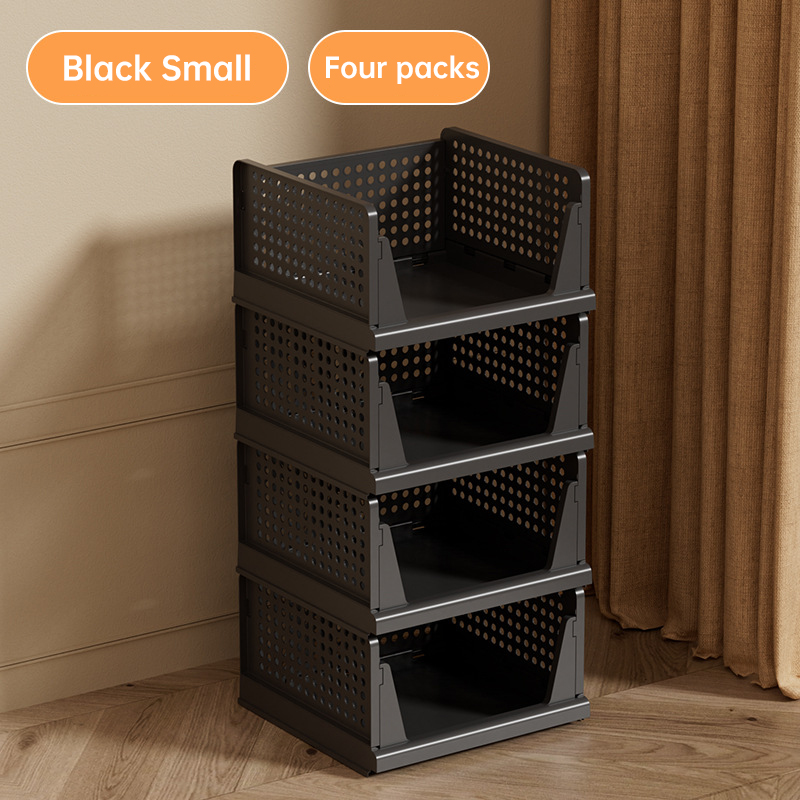 4 Pack Plastic Closet Organizer Bins, Stackable Foldable Storage Baskets with Slide-Out Rails for