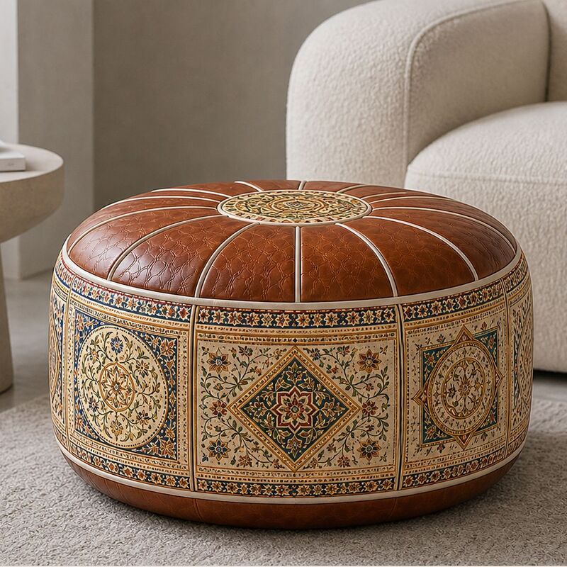 Bohemian Ottoman Pouf Stuffable with PU Leather Cover Waterproof Large Opening Storage Footrest for