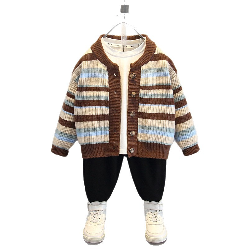 Boys Striped Knit Cardigan Casual Long Sleeve Open Front Sweater Jacket