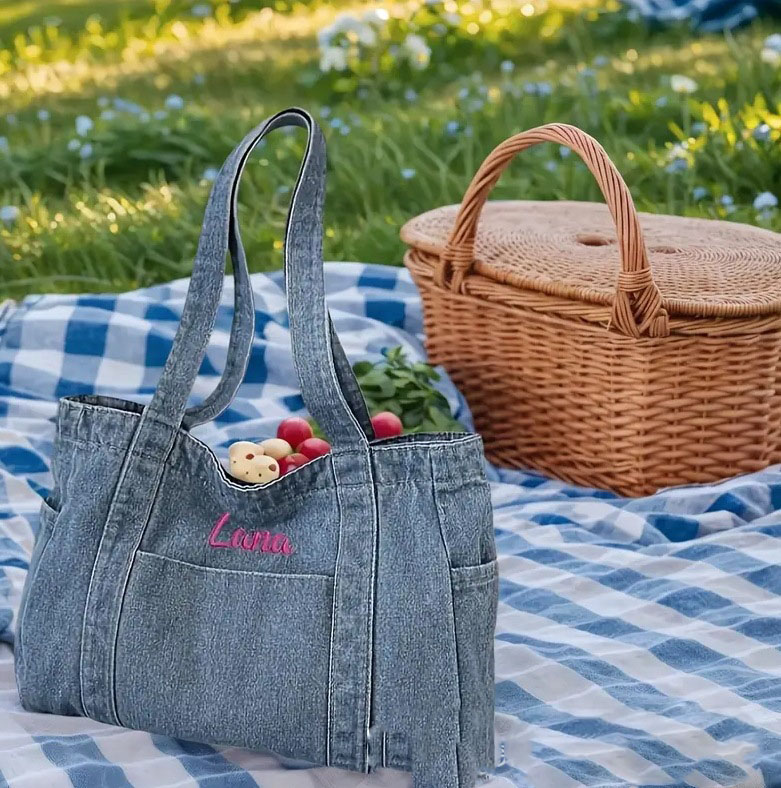 Custom Embroidered Women's Denim Tote Bag, Lightweight Versatile Shoulder Shopping Bag for School &