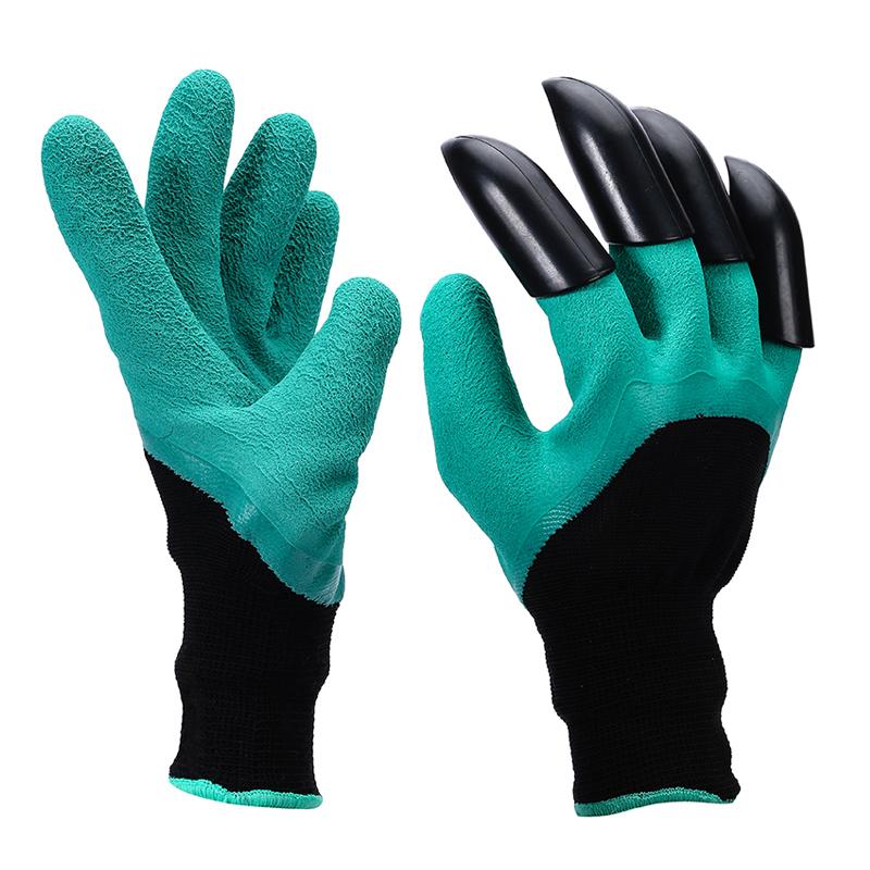 Right glove palm side with four black claws beside a textured green palm