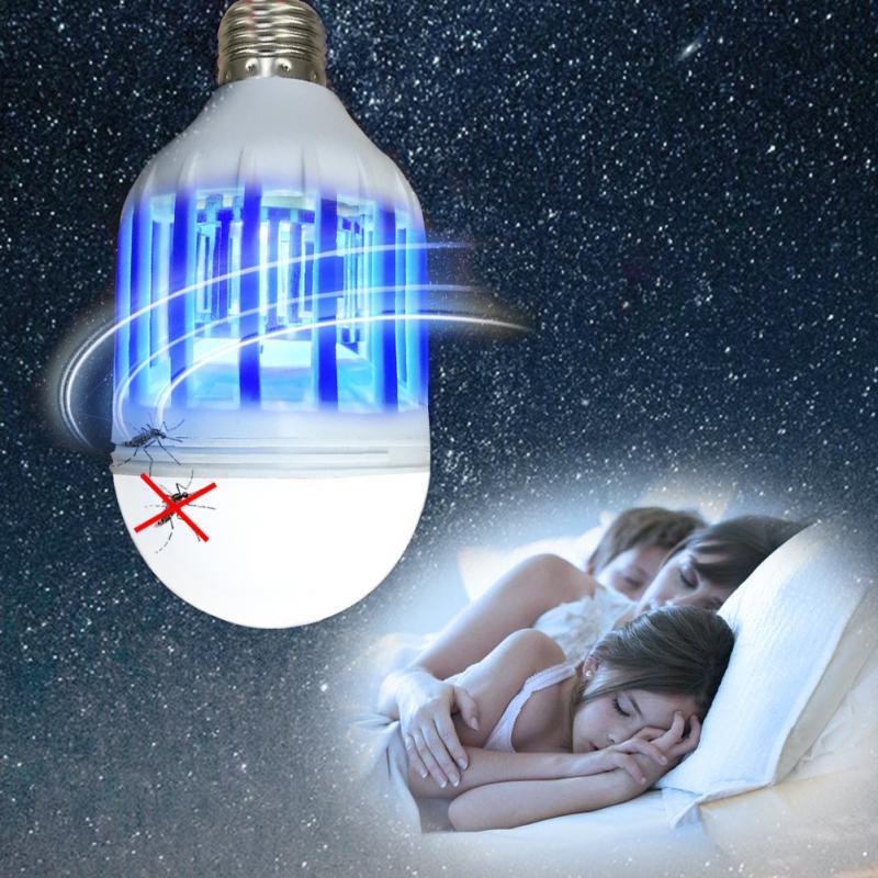 Bedroom lit by the bulb above a bed at night