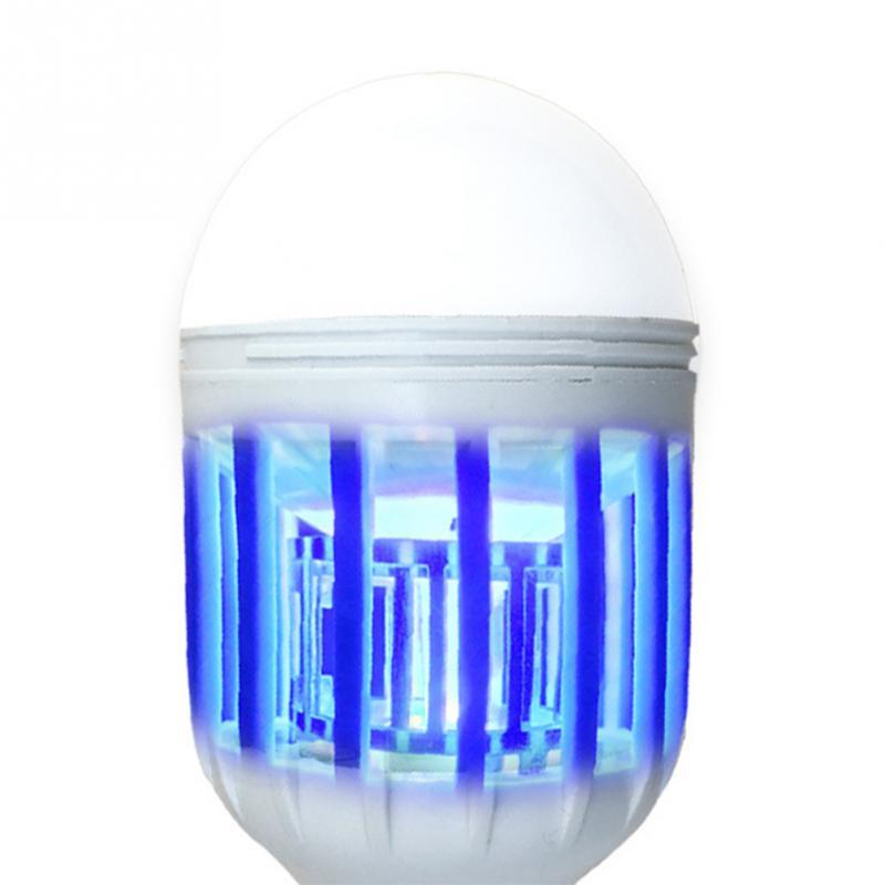 Lit bulb sitting in a lamp with blue glow inside a grid cage