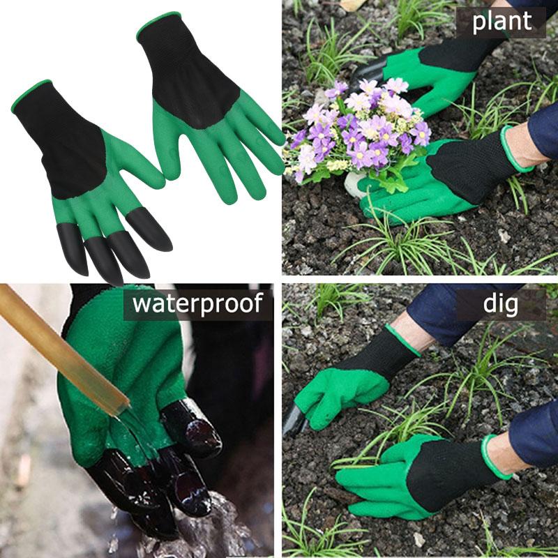 Gloved hand lifting a young plant out of the ground with soil on the roots