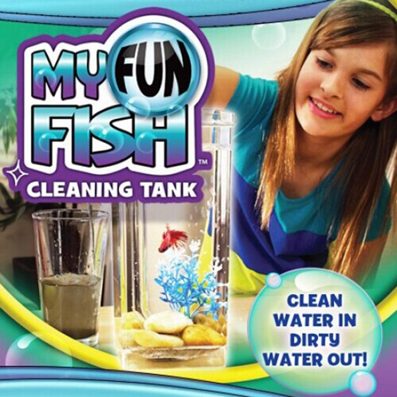 Clean tank beside a dirty water jar on a light surface