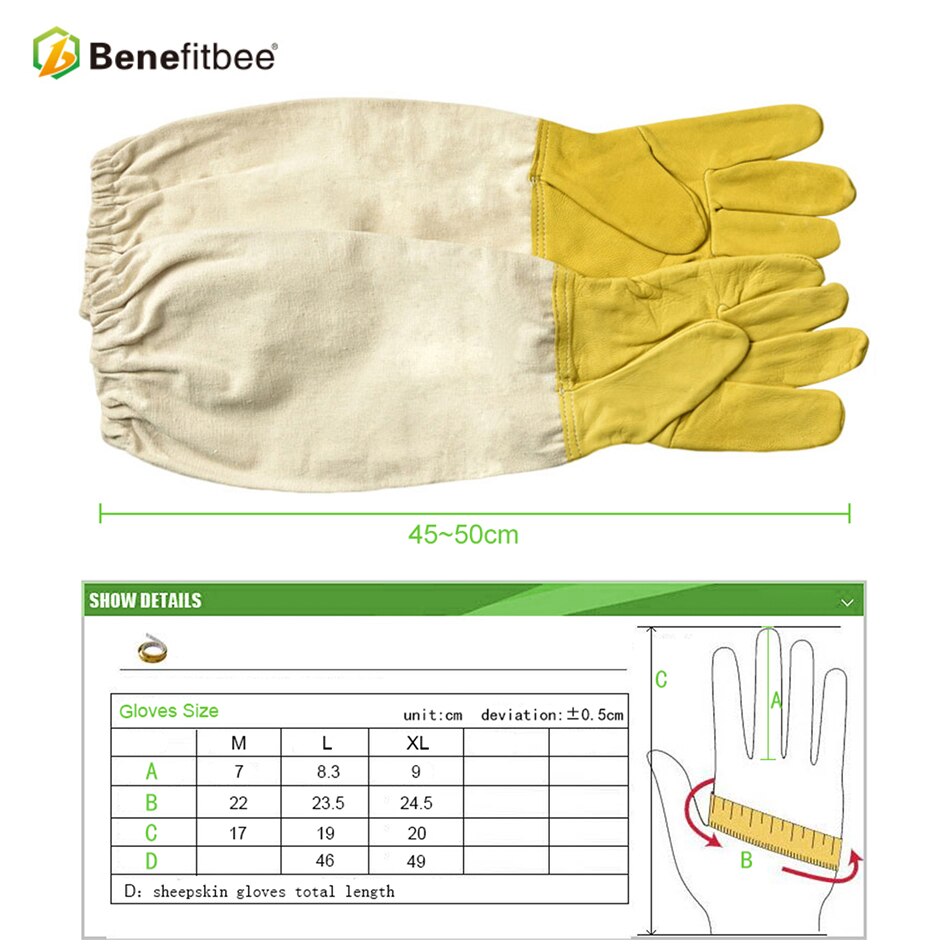 Glove size chart with sleeve length marking and sizes M, L, XL