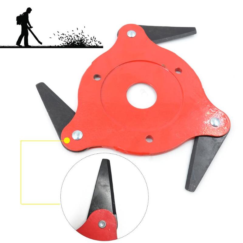 Close-up of red three-blade cutting head showing sharpened blade edge