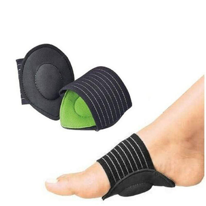 Arch support pads showing green foam inner and striped elastic band on a foot