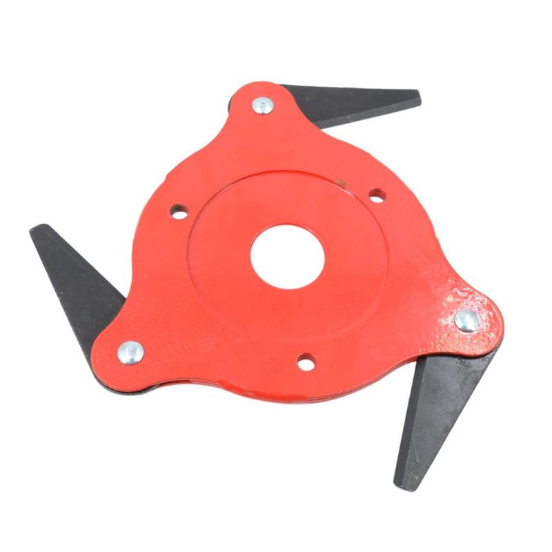 Red steel cutting head with mounting holes and blade attachment points