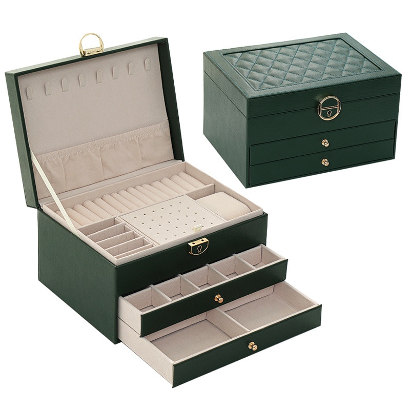 Pull-out drawer with dividers holding jewelry in a tidy vanity setting