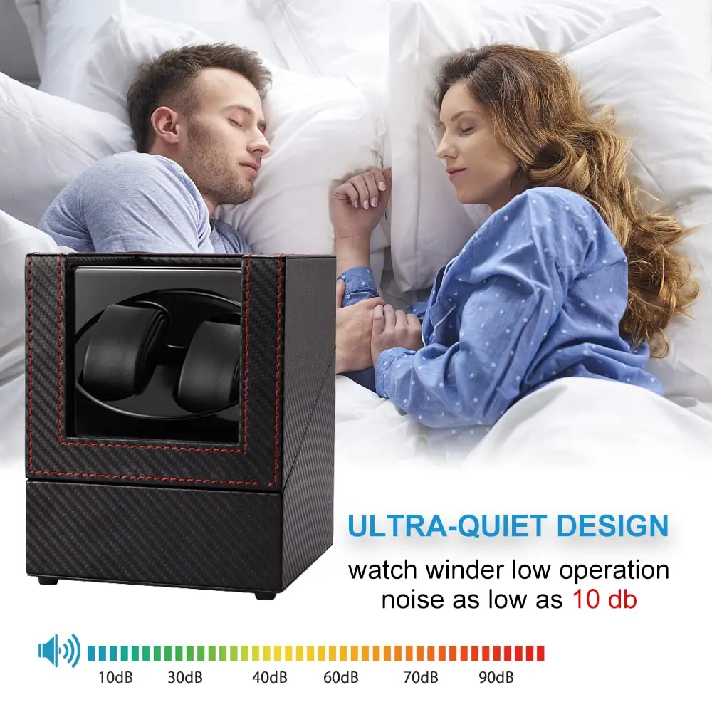 Sleeping couple beside a quiet carbon fiber watch winder