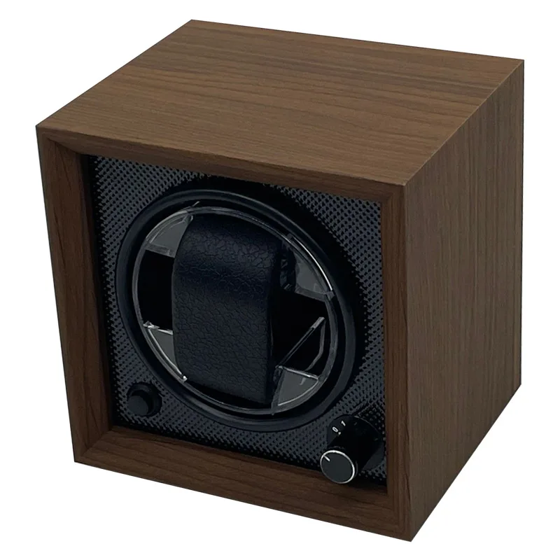 Walnut-finish watch winder shown from the front