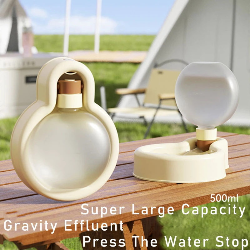 Cream bottle with brown valve cap beside the drinking bowl at a campsite