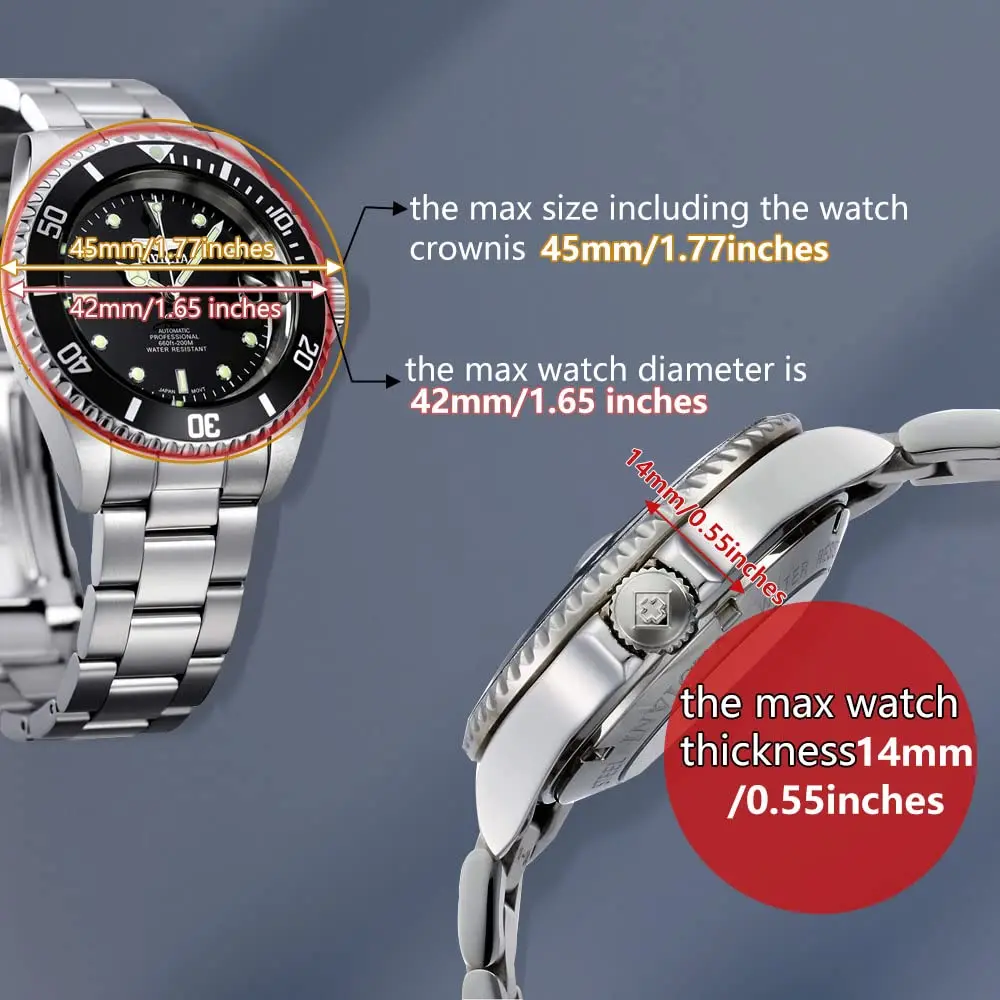 Diagram of watch size limits for the winder cradle