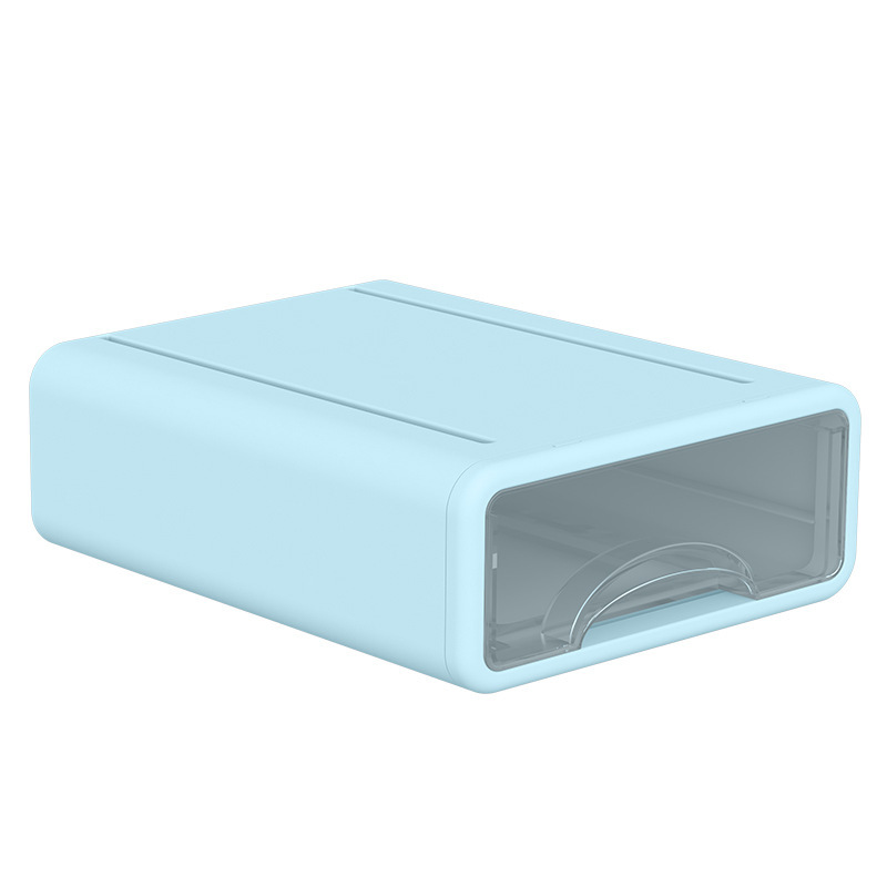 Pastel drawer modules stacked in mustard, mint and sky blue tones