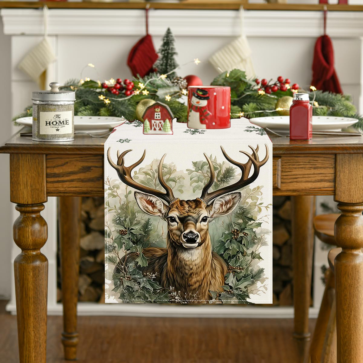 Reindeer table runner styled on wooden dining table with red Christmas decor