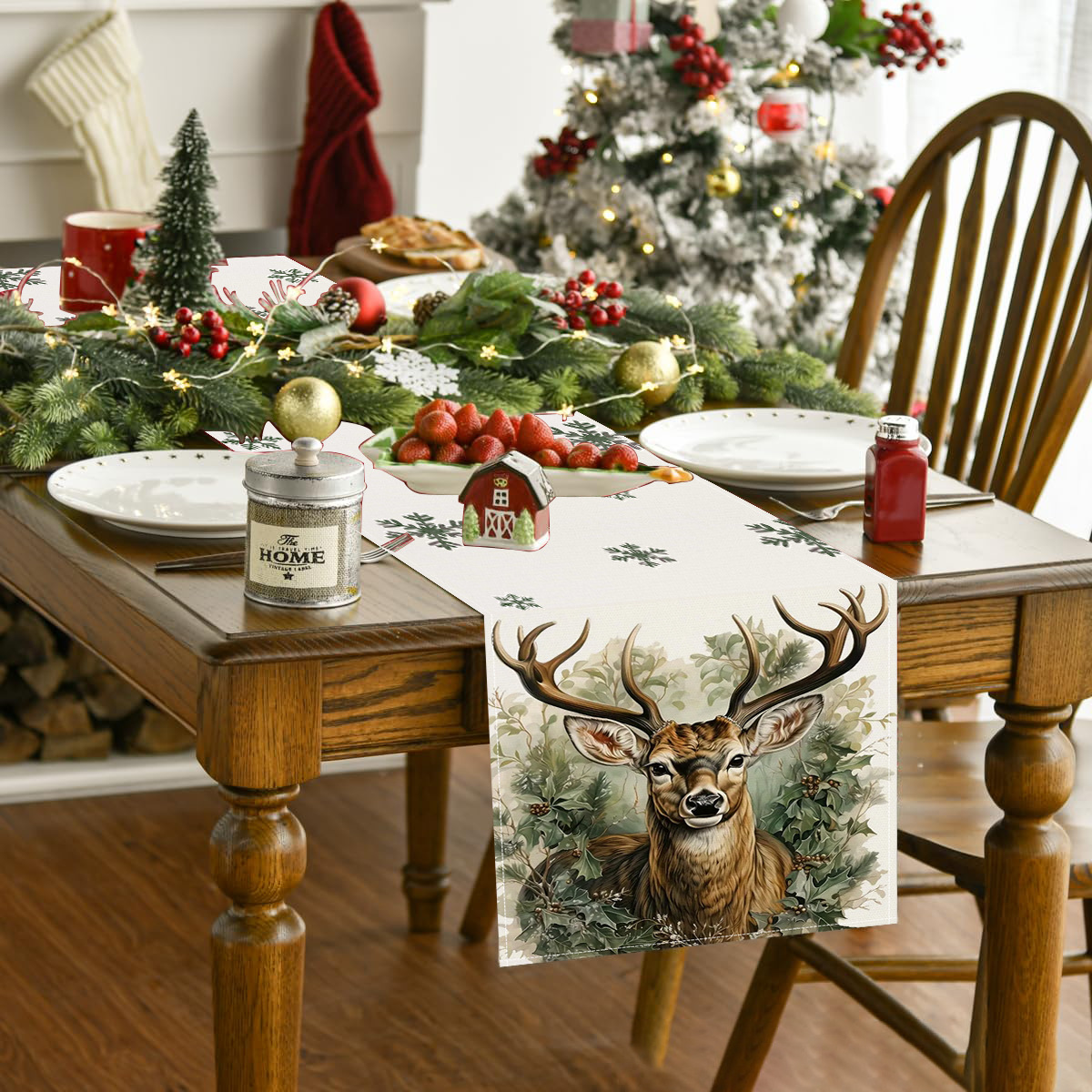 Reindeer table runner laid lengthwise on dining table beside Christmas tree