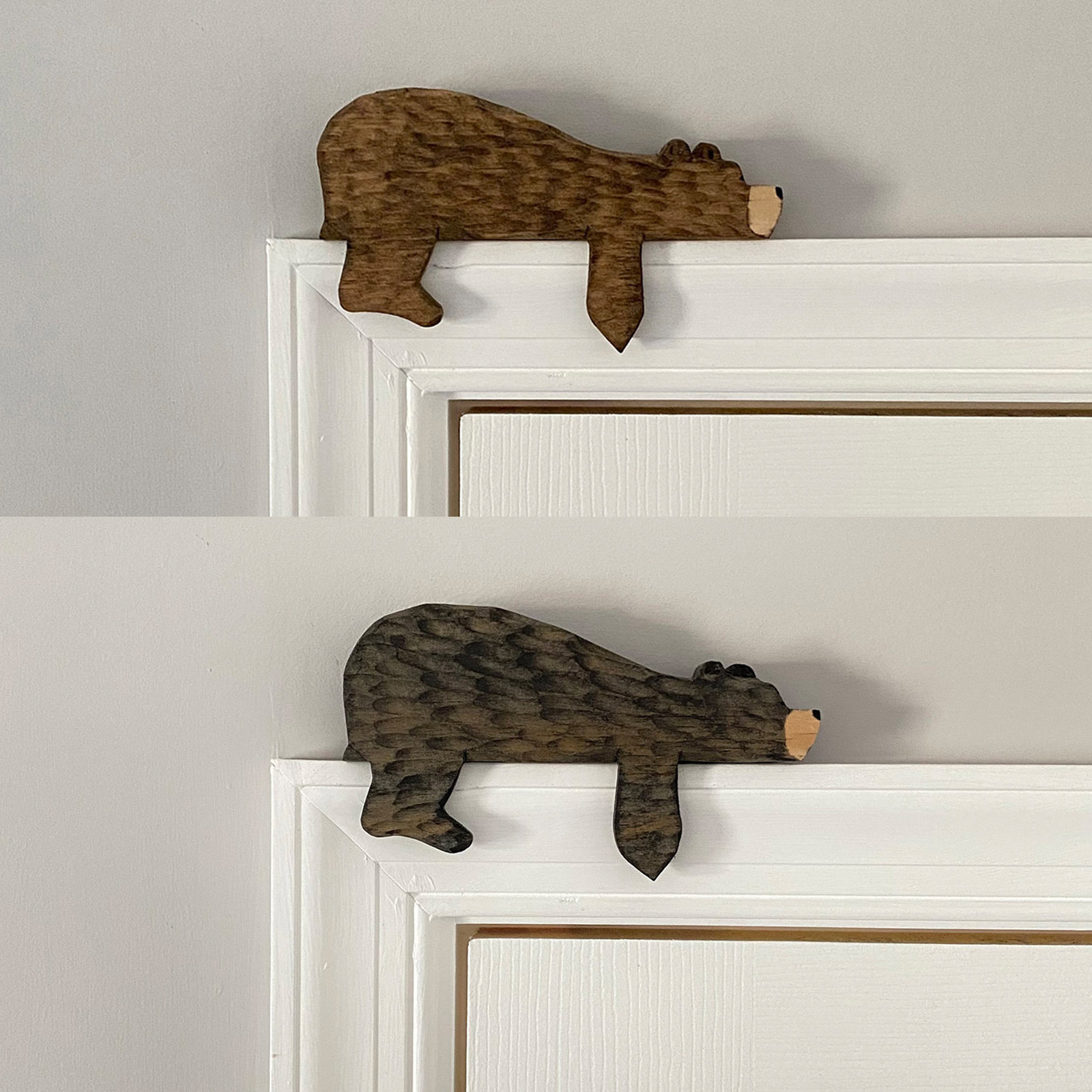 Rustic room entrance with a carved wood accent above the door