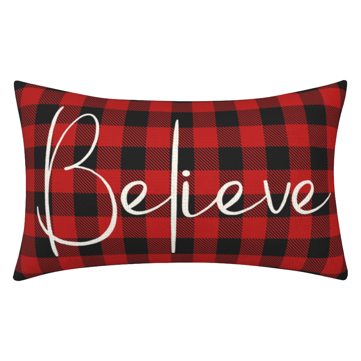 Buffalo check cover with BELIEVE script in white across the front