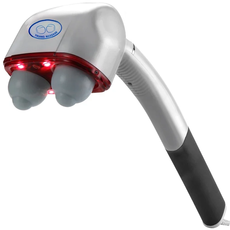Handheld massager with red LED lights glowing around the massage head