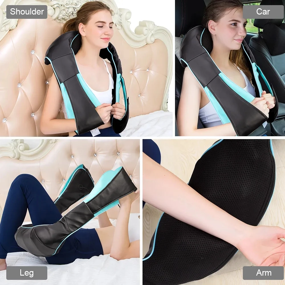 Woman using the massager on her shoulders with the heated lining against the skin
